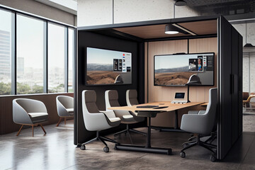 Fototapeta premium Modern office interior, meeting room with monitors for videoconferencing. Abstract illustration.