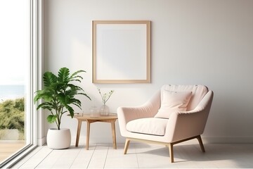 Mockup frame in Coastal interior background, room in light pastel colors. generative AI