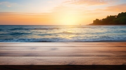 Fototapeta na wymiar The empty wooden table top with blur background of sea on sunrise, Advertisement, Print media, Illustration, Banner, for website, copy space, for word, template, presentation.