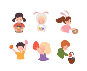 Set of vector illustrations of boys and girls with bunny ears enjoy hunting Easter eggs, have fun, isolated on white background
