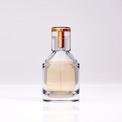 Gold parfum in transparent bottle on white background. Fragrance for women. 3D model bottle for perfume spray