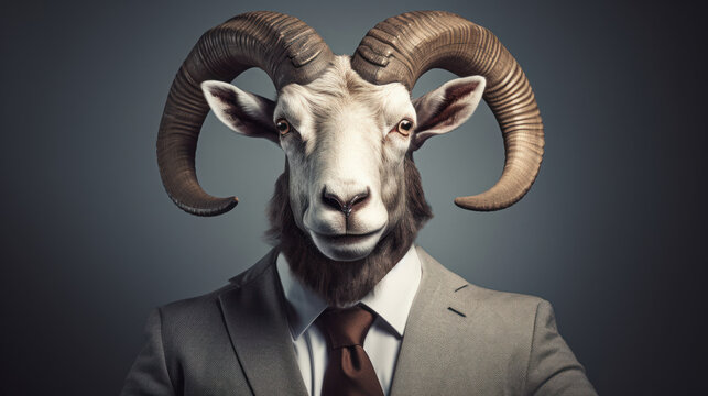 Argali head portrait wearing suit on isolated background