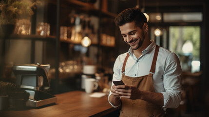 young barista uses the mobile phone to accept payment - obrazy, fototapety, plakaty