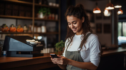 young woman barista uses the mobile phone to accept payment from young in the coffee shop - obrazy, fototapety, plakaty