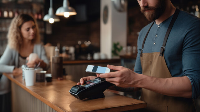young barista uses the mobile phone to accept payment from young in the coffee shop