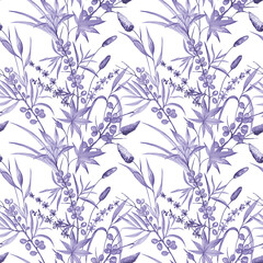 Foliate seamless pattern with maple leaves, grasses, and seaberries on a transparent background. Watercolor elements toned in a dull violet color. Vintage design for wallpapers, fabric