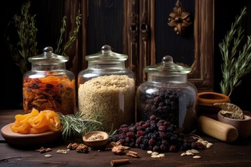 rolled oats and dried fruits in glass containers