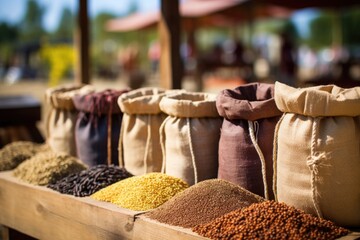 ancient grains in burlap sacks at a farmers market