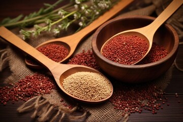 buckwheat and amaranth grains in wooden spoons