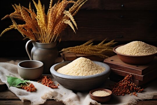 quinoa, spelt, and millet on rustic table