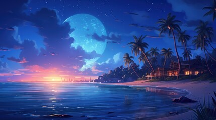 Fototapeta na wymiar Moonlit Beach, serene beach scene bathed in moonlight, with gentle waves and a starry sky game art