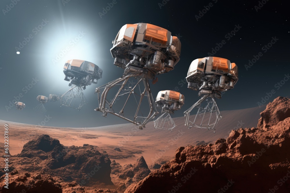 Wall mural spacecraft deploying nanobots for resource extraction