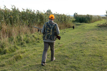 Mature man hunter with gun while walking on field.