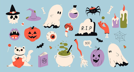 Cute Halloween set for kids with different elements for design. ghost, pumpkin, witchs cauldron, skull, poison bottle, spider, cobweb, gouged eye, vampire fangs. Vector stock hand drawn illustration. - obrazy, fototapety, plakaty