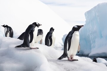 Obraz premium Guardians of the Antarctic realm, a playful penguin colony thrives in the icy splendor of Antarctica.