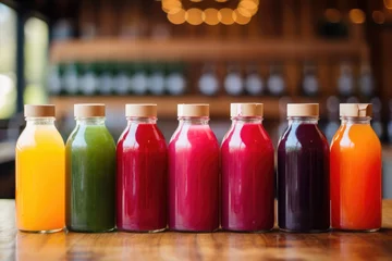 Poster colorful array of fresh cold-pressed juice bottles © altitudevisual