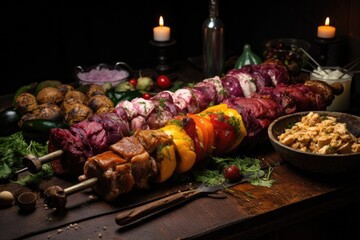 shashlik skewers with a variety of marinated meats