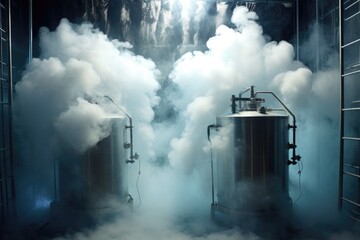 cryopreservation tanks filled with liquid nitrogen - obrazy, fototapety, plakaty