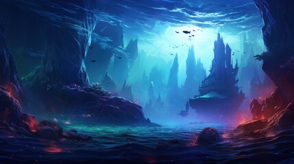 Fototapeta na wymiar Underwater scene with a majestic volcano erupting beneath the ocean's surface game art