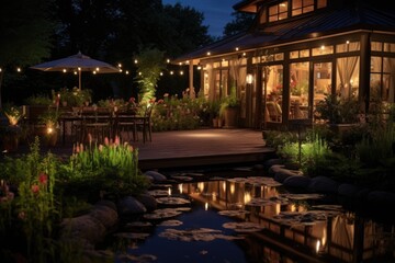 Fototapeta na wymiar pond lighting setup for a serene evening ambiance
