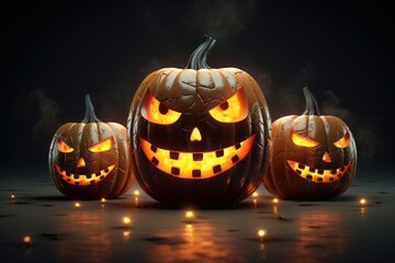 group of halloween carved 3d pumpkins on dark scary theme background, generative ai