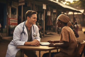 A medical professional providing healthcare services to a rural community in Africa, highlighting...
