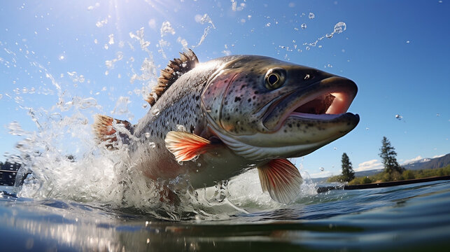 Epic Ocean Moment: Captivating and Highly Detailed Photograph of a Majestic Fish Leaping Gracefully Out of the Sparkling Blue Waves