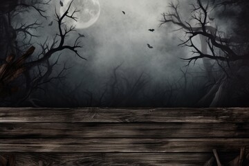 old tree branches and halloween decorations on wooden surface background, scary atmosphere, generative ai