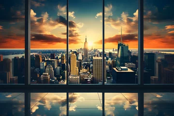Tuinposter sunset over new york city through the window AI generated art © Gabriela
