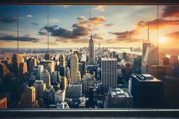 Gordijnen new york city skyline through the window AI generated art © Gabriela