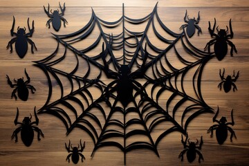 top view halloween decoration with spiders and web on wooden background, generative ai