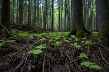 forest floor with new saplings growing among tall trees