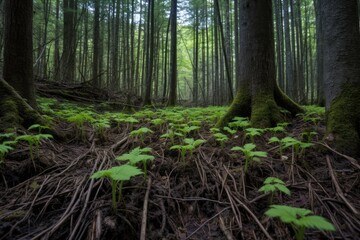 Fototapeta premium forest floor with new saplings growing among tall trees