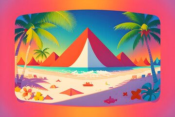Cartoon illustration of a tropical beach. Generative AI