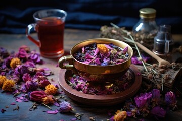 Obraz na płótnie Canvas herbal tea blend with a variety of dried flowers