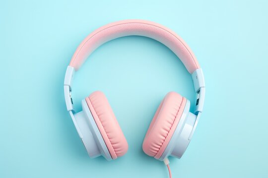 flat lay, on-ear headphones in solid pink and blue color on seamless blue and pink background, studio photo.