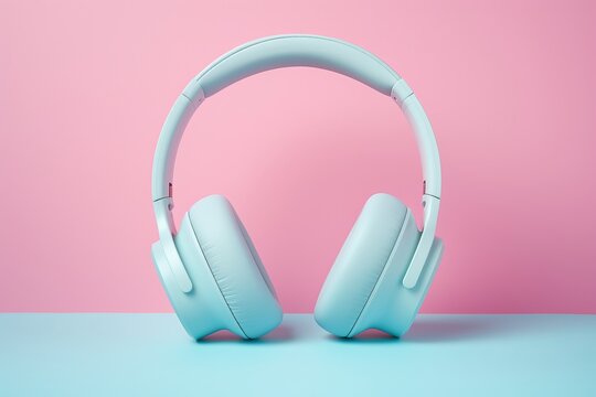 flat lay, on-ear headphones in solid pink and blue color on seamless blue and pink background, studio photo.