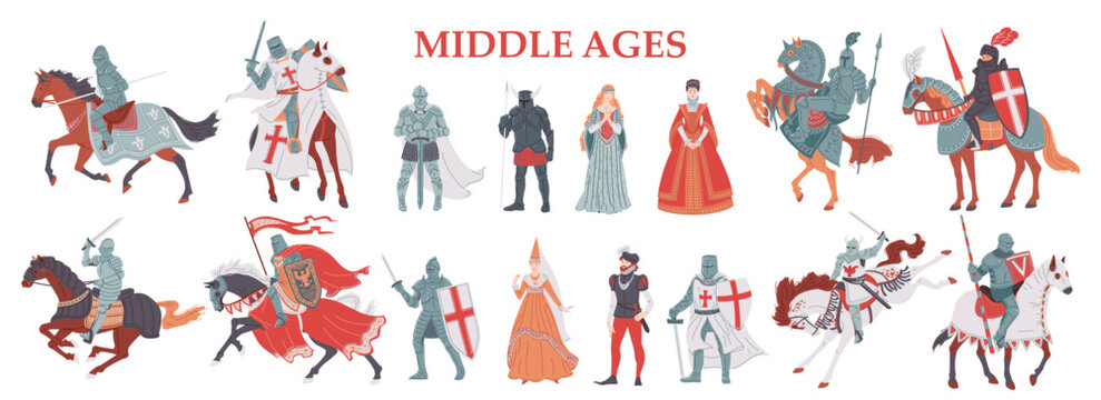 Set of vector isolated illustrations of medieval knights, king and lord, queen and princess, chevaliers and warriors