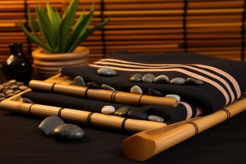 bamboo massage sticks and hot stones on towel