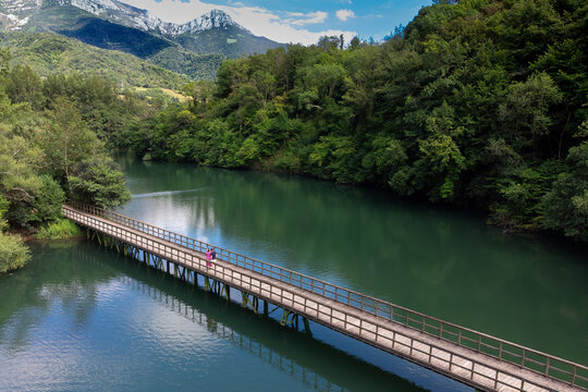 Aerial view of the Valdemurio lake, in the Senda del Oso, Asturias