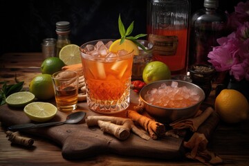 rum punch ingredients arranged on wooden table