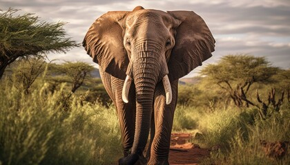 Photo of a majestic elephant strolling along a dusty road