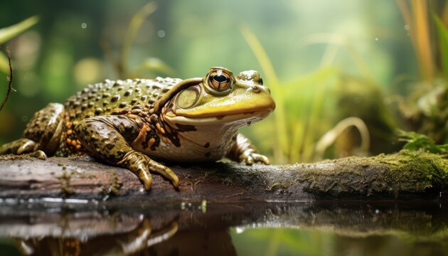 Photo of a african bullfrog perched on a log in a serene natural setting