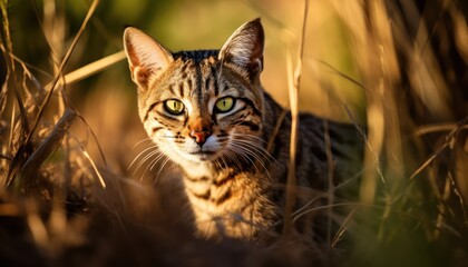 Fototapeta premium Photo of a wildcat enjoying the outdoors in a field of lush green grass
