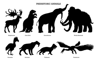 Set of prehistoric animals black silhouettes, vector illustration isolated on white background.