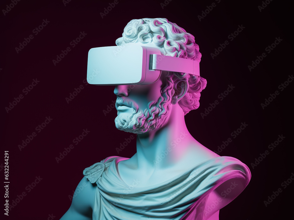 Wall mural Male antique sculpture with VR headset.