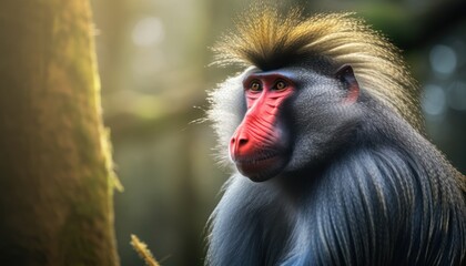 Photo of a mandrill monkey in its natural habitat near a tree