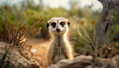 Photo of a meerkat standing tall on its hind legs - obrazy, fototapety, plakaty