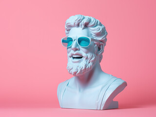 Ancient bust of a smiling man in sunglasses.