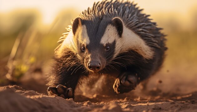 Photo of a running honey badger captured in action